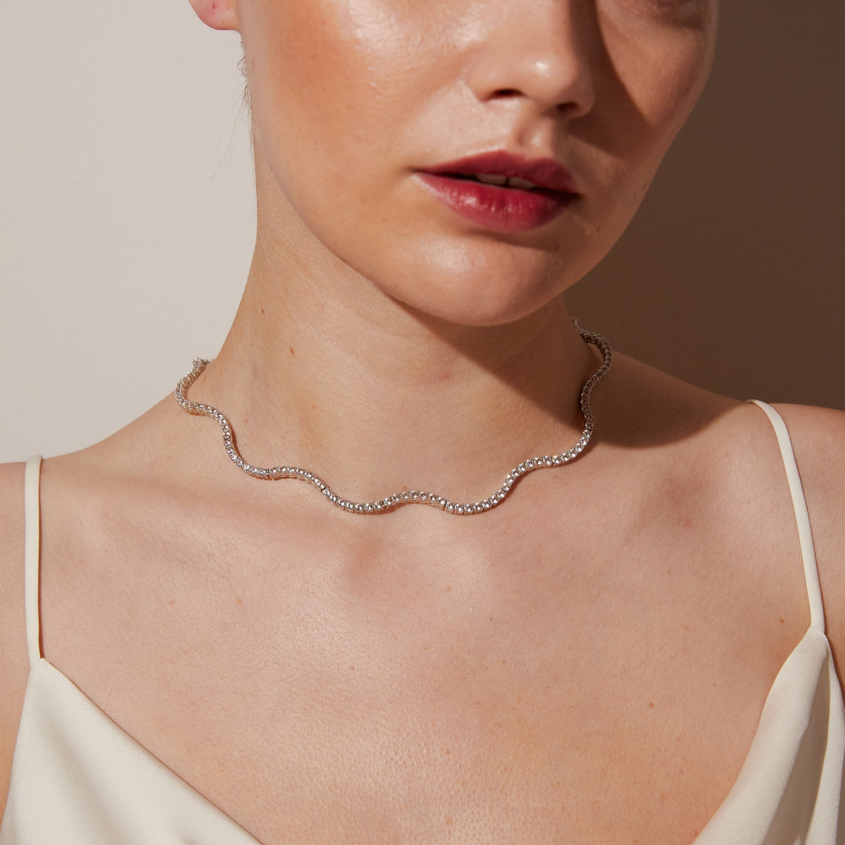 Lab Grown White Sapphire Wave Tennis Necklace