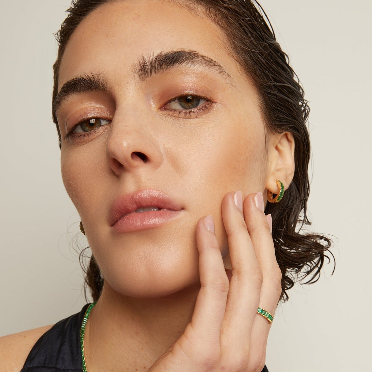 Lab Grown Green Emerald Baguette Huggie Earrings