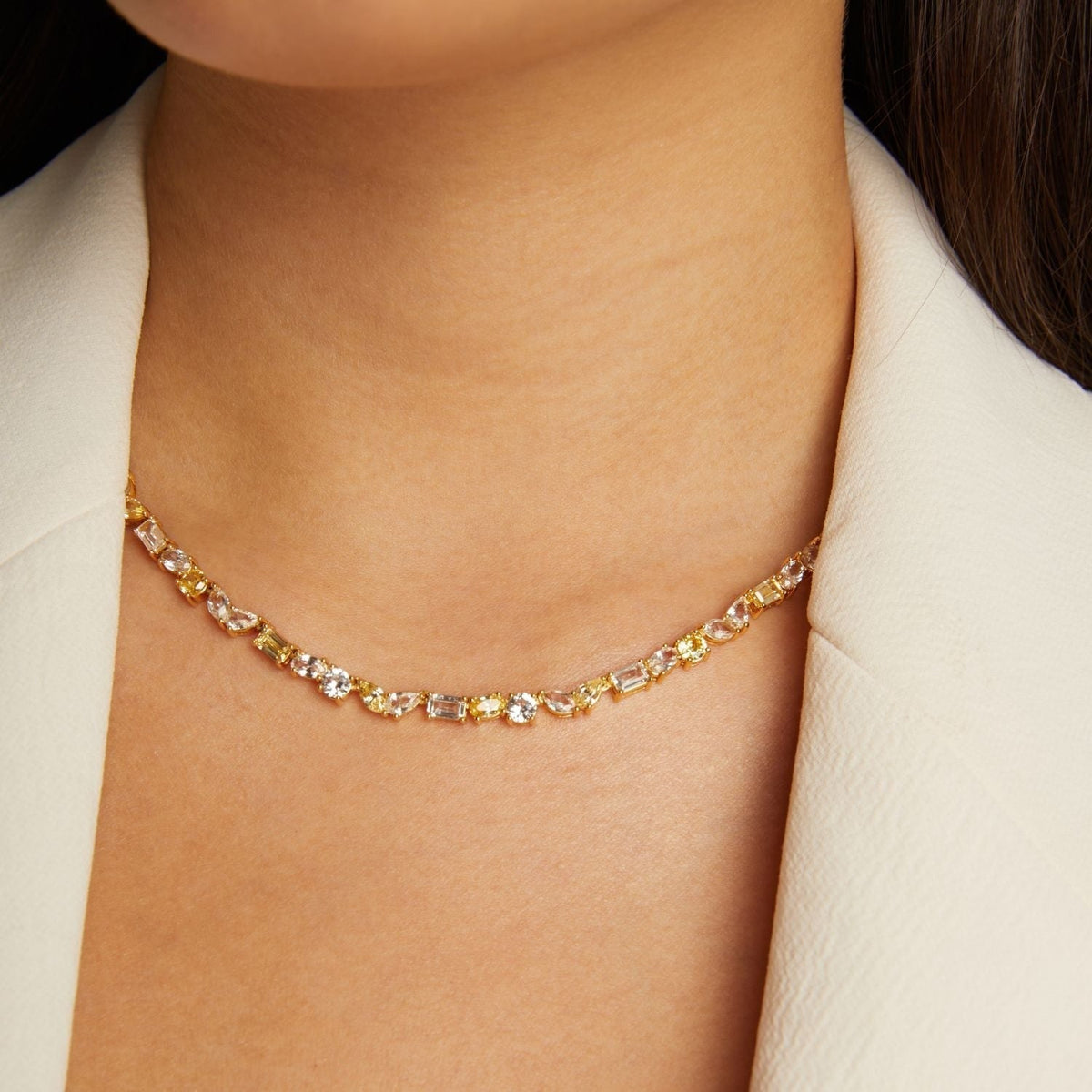 Lab Grown White Sapphire and Canary Mixed Shape Tennis Necklace