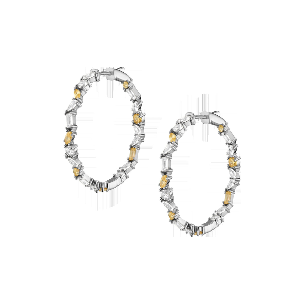Lab Grown White Sapphire and Canary Mixed Shape Hoop Earrings