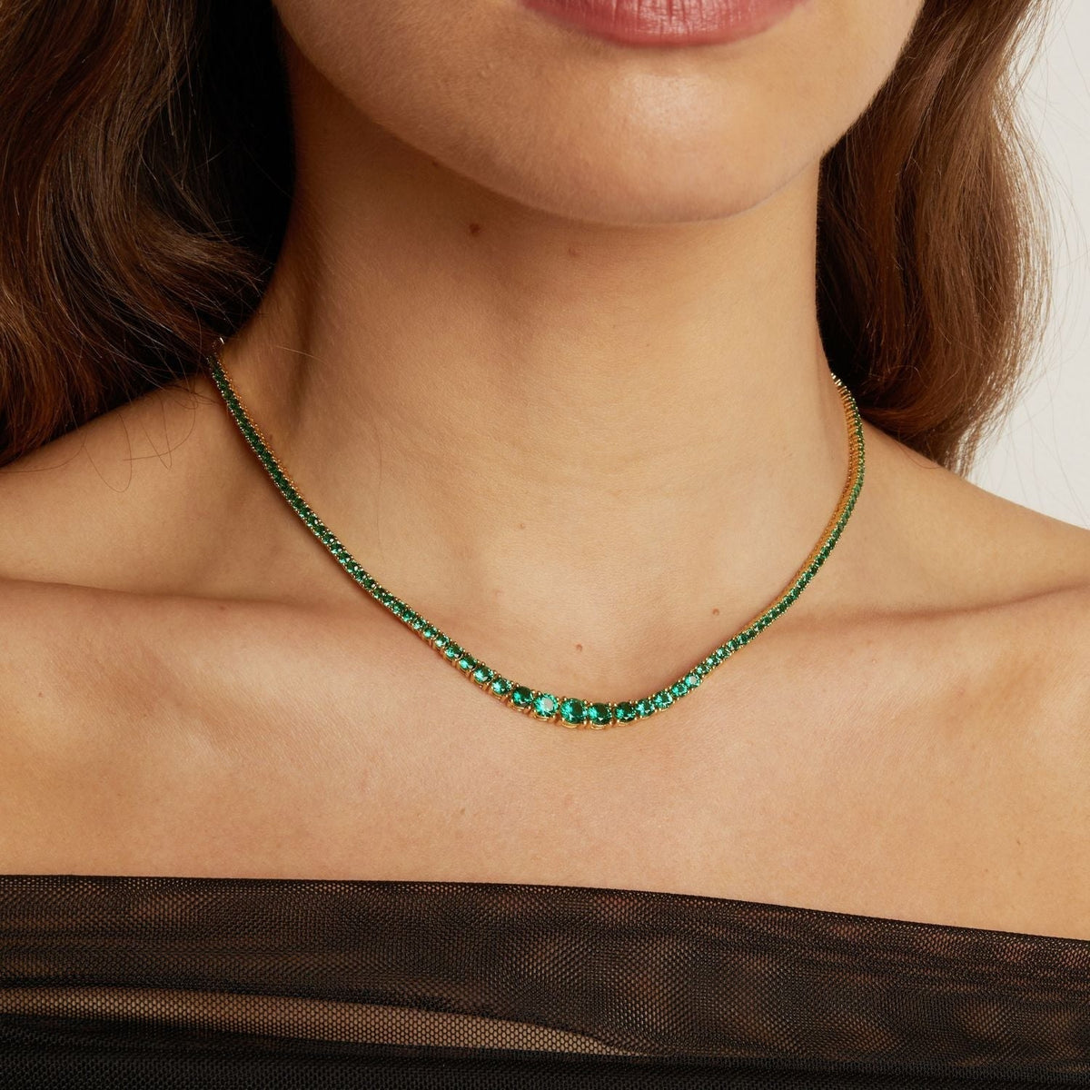 Lab Grown Green Emerald Modern Graduated Tennis Necklace