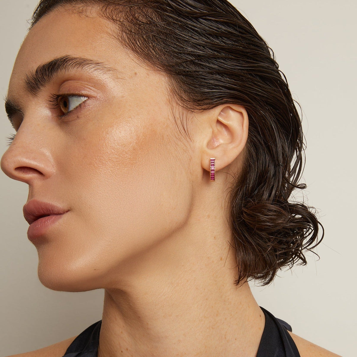 Lab Grown Red Ruby Baguette Huggie Earrings