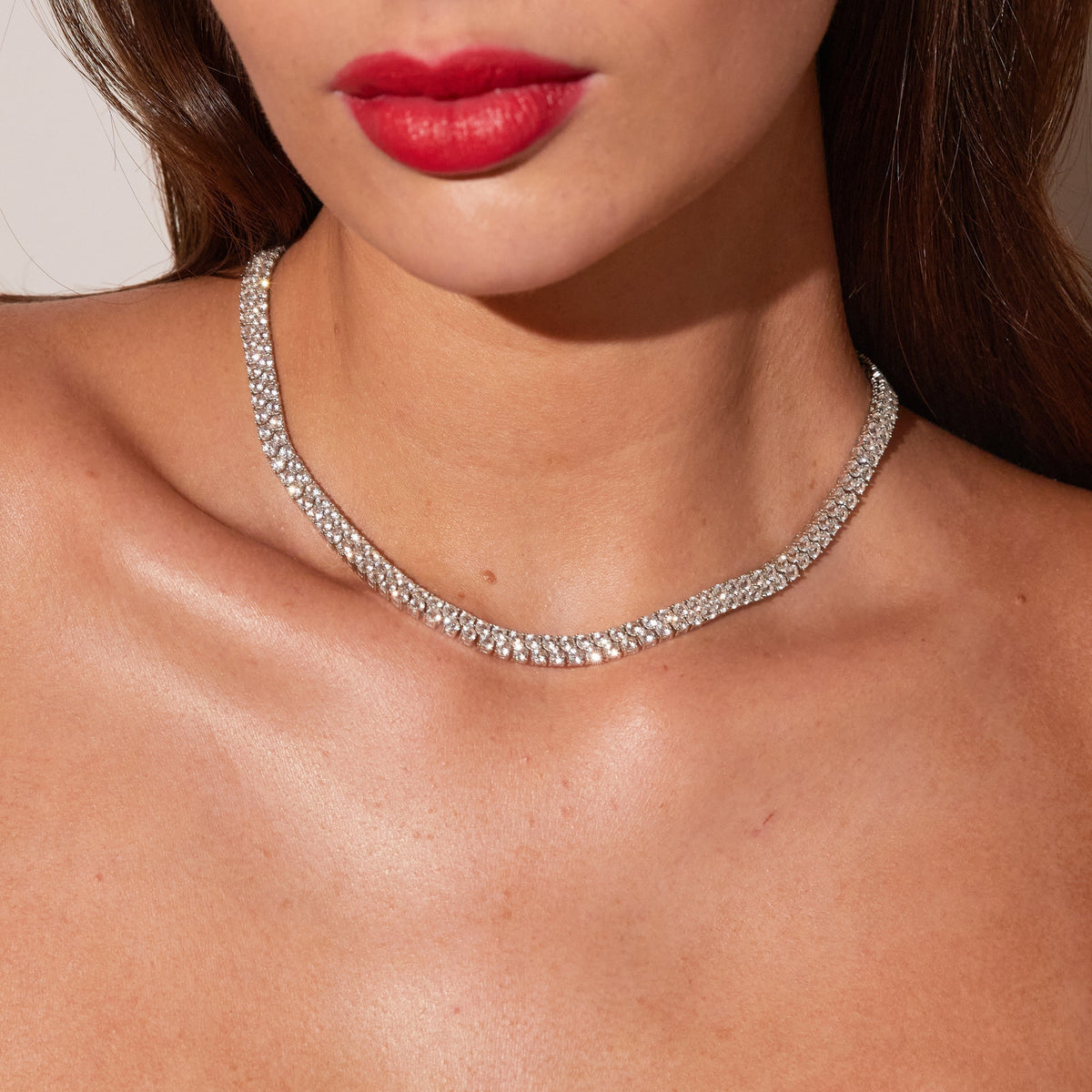 Lab Grown White Sapphire Double Row Tennis Necklace