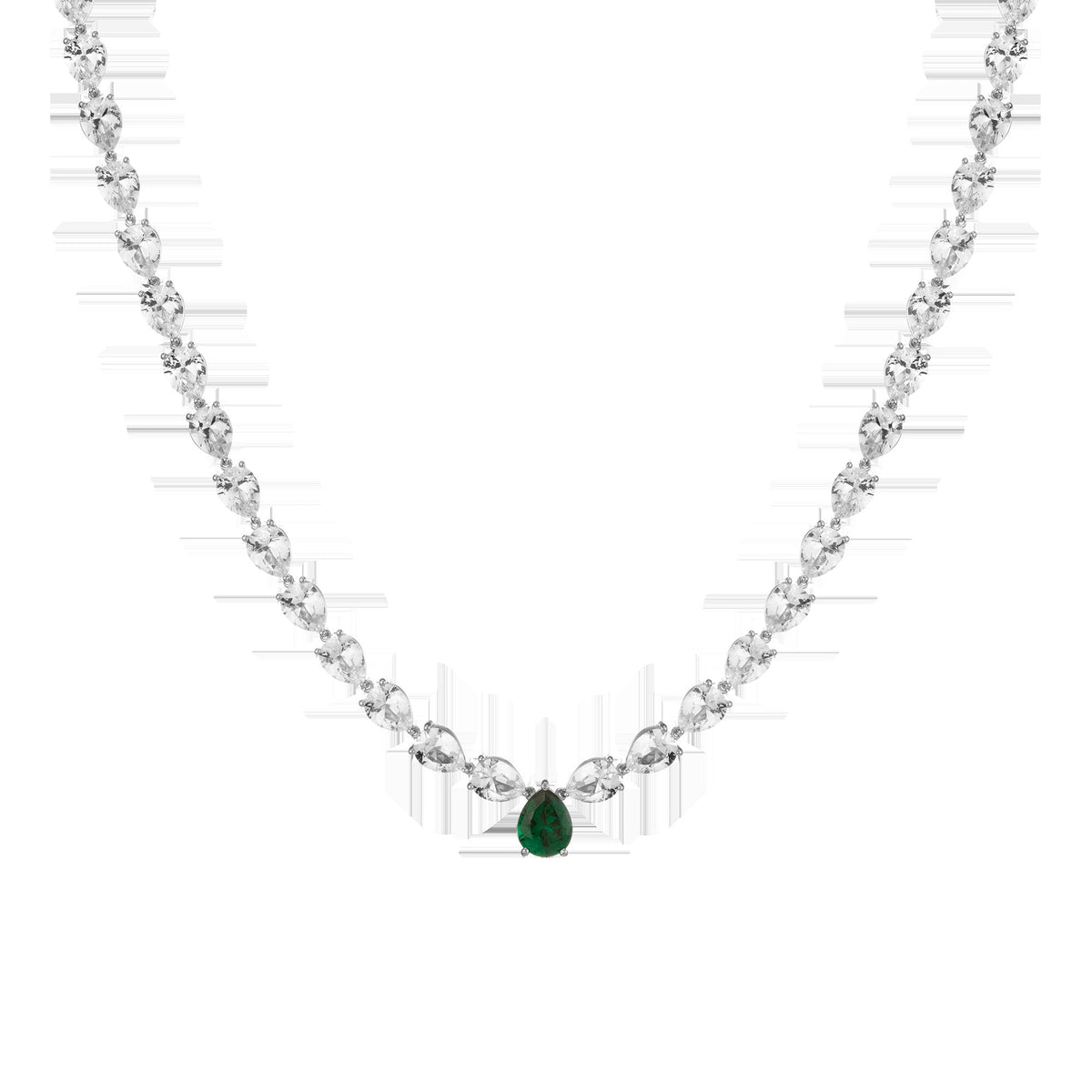 Lab Grown White Sapphire and Green Emerald Pear Tennis Necklace
