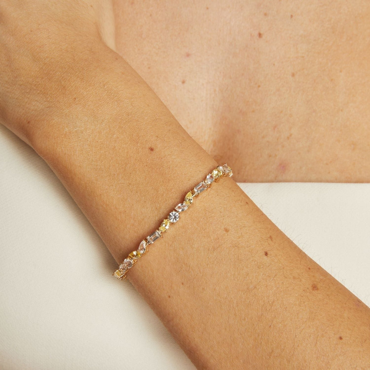 Lab Grown White Sapphire and Canary Mixed Shape Tennis Bracelet