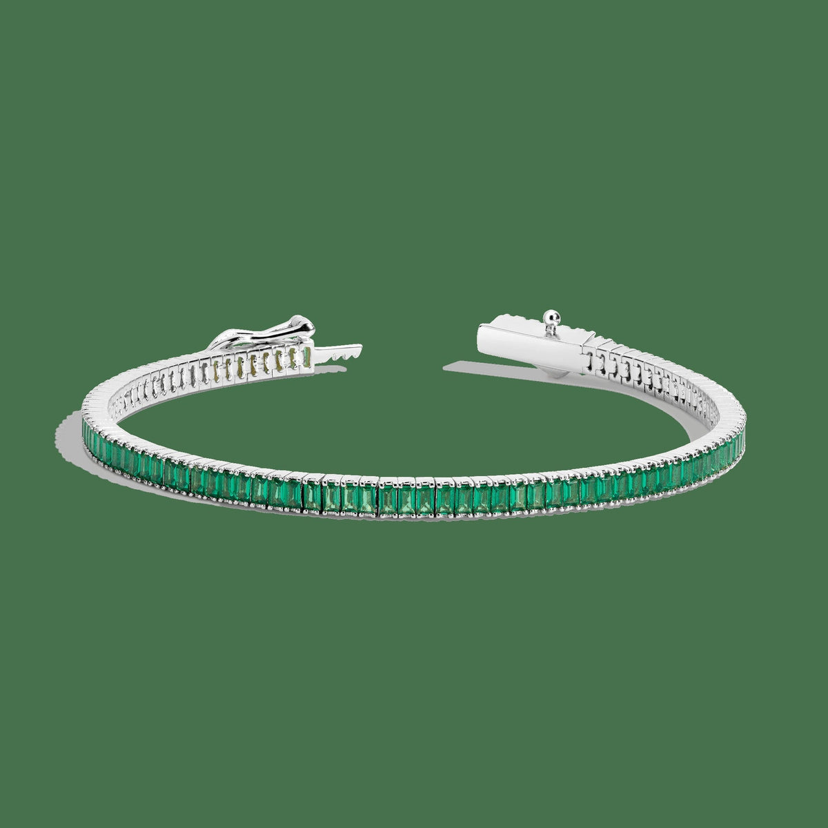 Lab Grown Green Emerald Baguette Tennis Bracelet