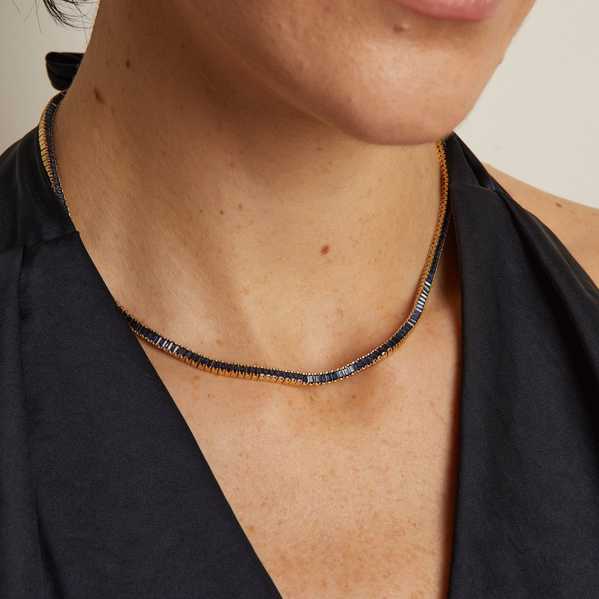 Lab Grown Blue Sapphire Baguette Tennis Necklace