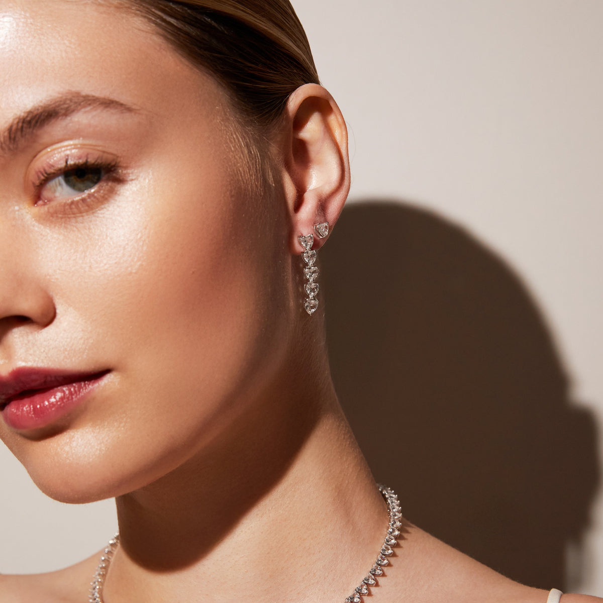 Lab Grown White Sapphire Heart Stud Earrings