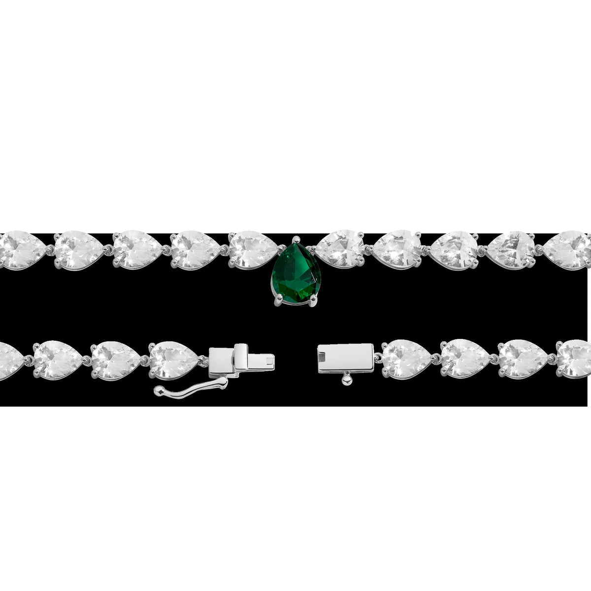 Lab Grown White Sapphire and Green Emerald Pear Tennis Necklace