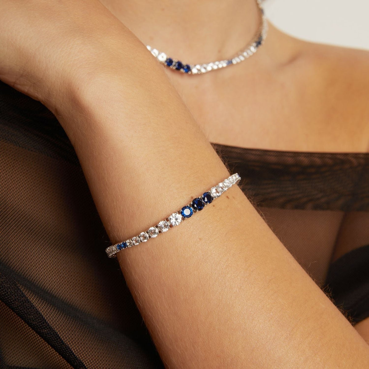 Lab Grown Blue Sapphire and White Sapphire Scalloped Tennis Bracelet