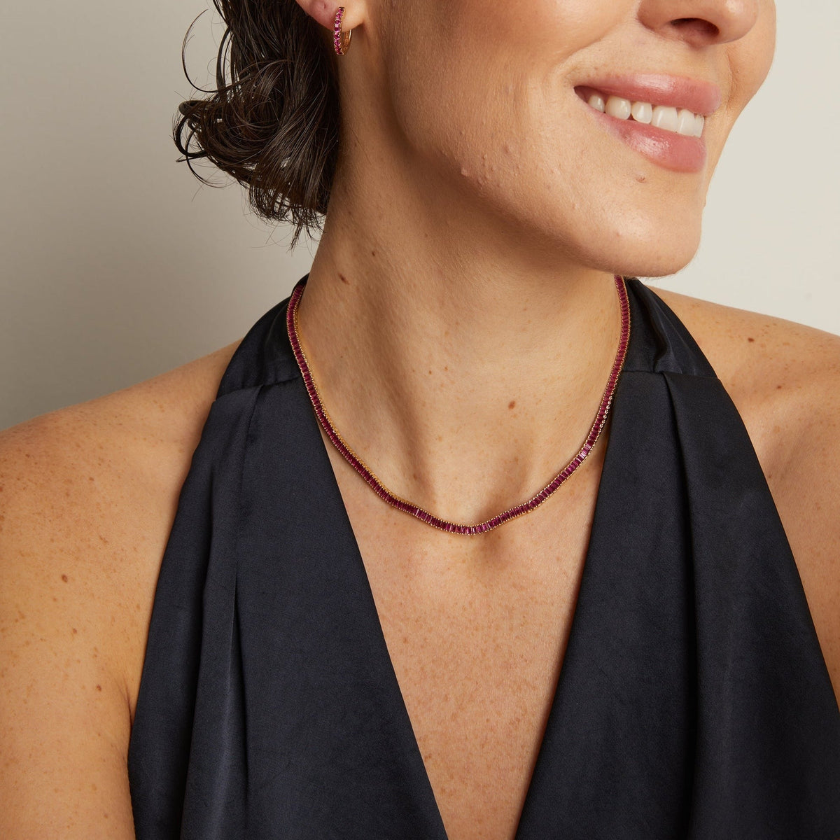 Lab Grown Red Ruby Baguette Tennis Necklace