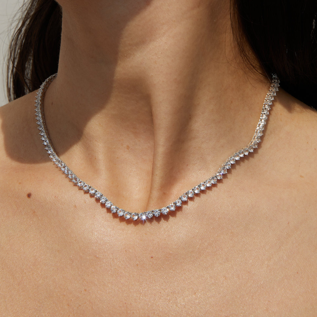 Lab Grown White Sapphire Three-Prong Tennis Necklace