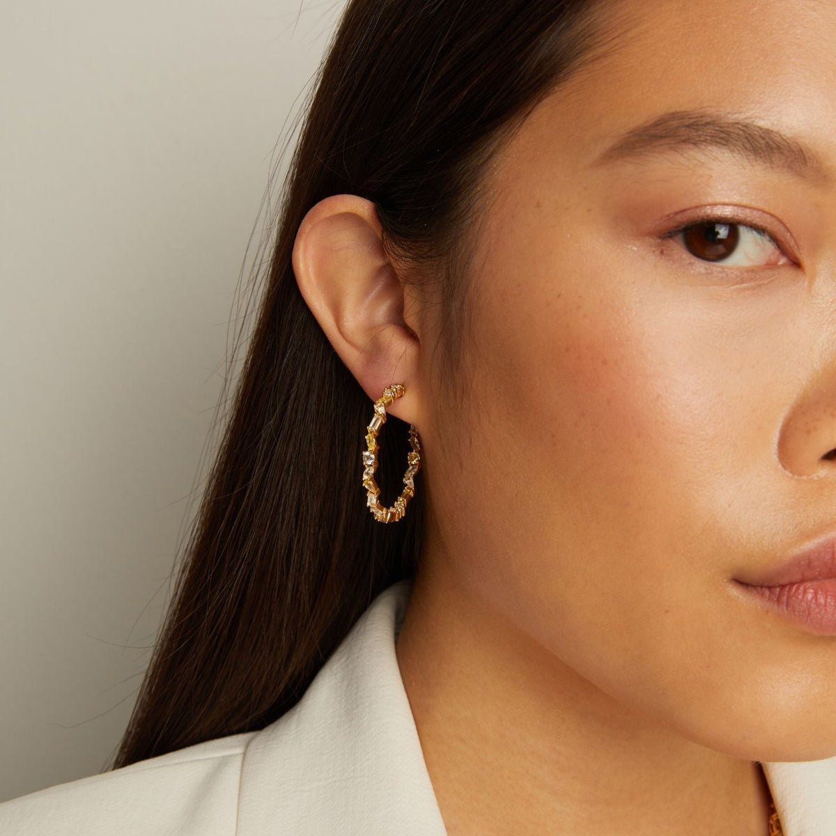Lab Grown White Sapphire and Canary Mixed Shape Hoop Earrings