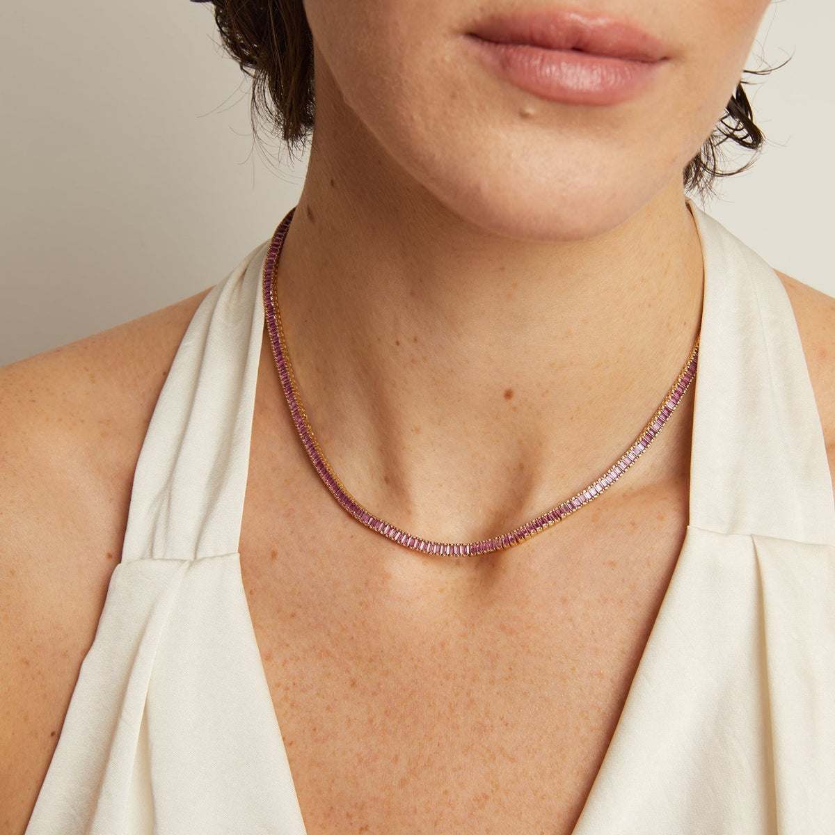 Lab Grown Pink Sapphire Baguette Tennis Necklace