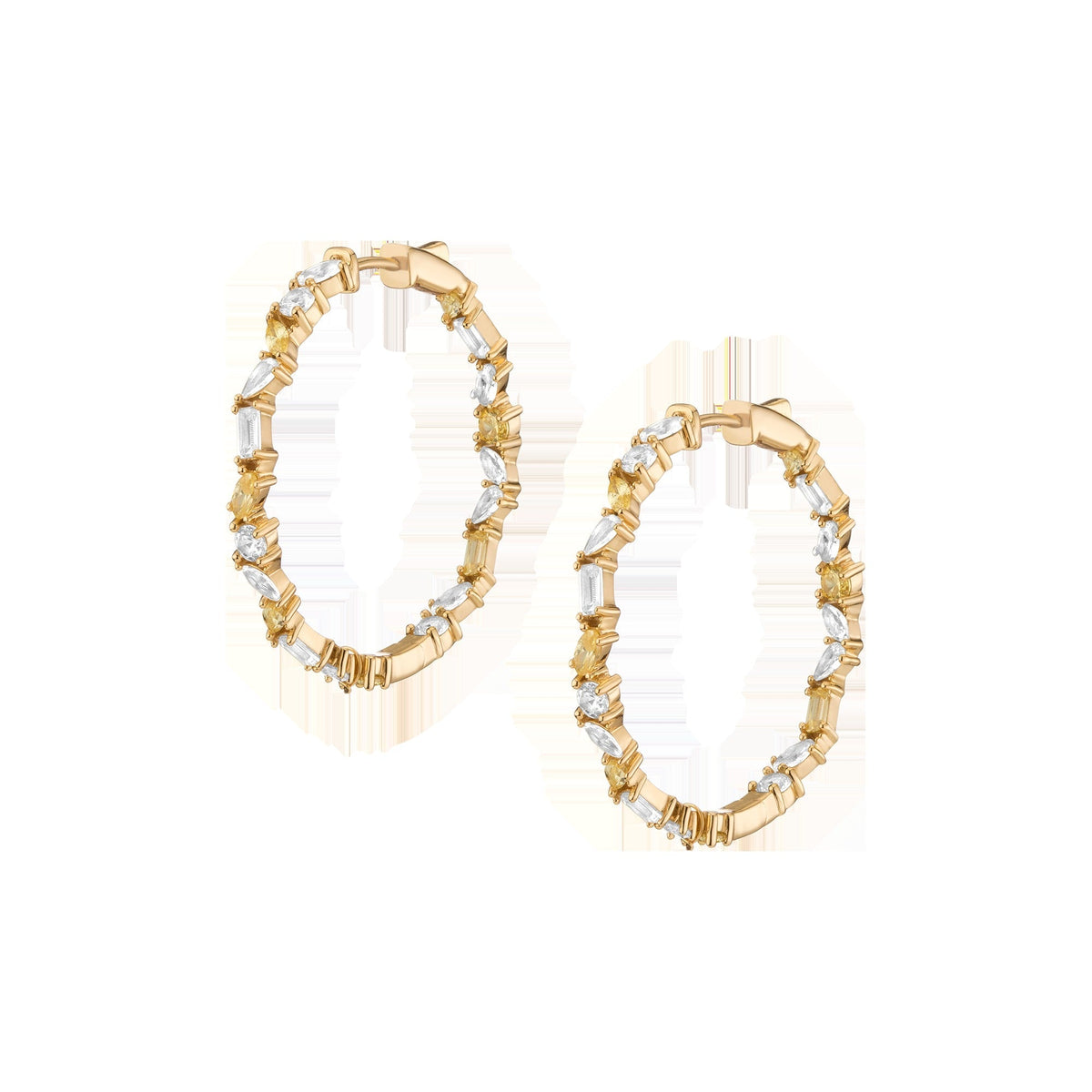 Lab Grown White Sapphire and Canary Mixed Shape Hoop Earrings
