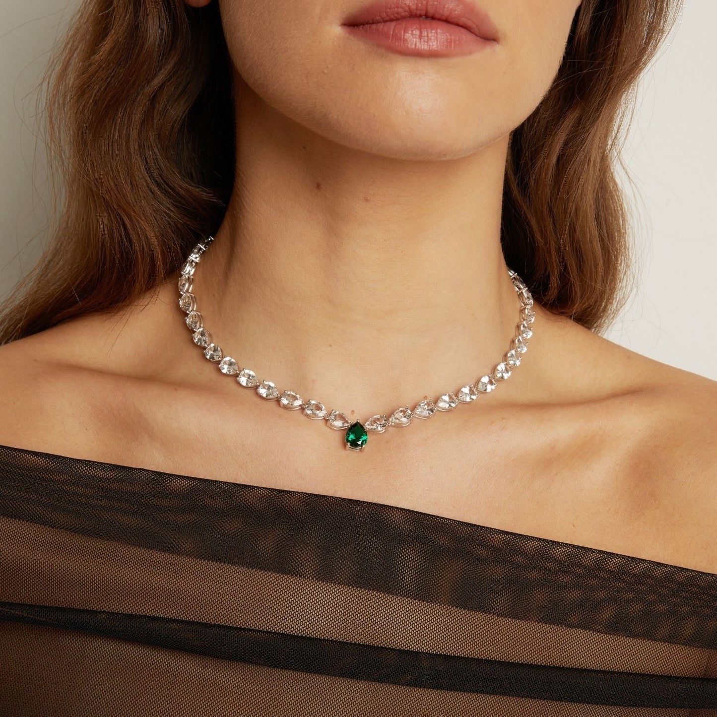 Lab Grown White Sapphire and Green Emerald Pear Tennis Necklace