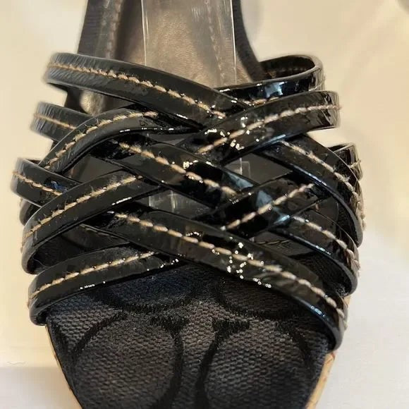 Coach “Stephany” Black Patent Leather Cork Heeled Platform Sandals Size 6.5