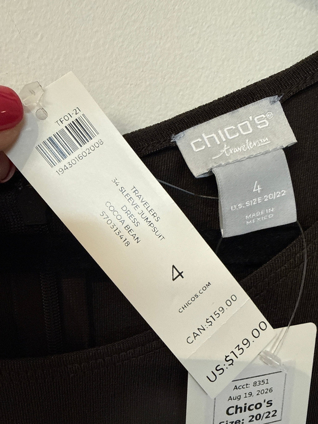 New Chico's Cocoa Bean Travelers 31" Inseam Jumpsuit, 20/22