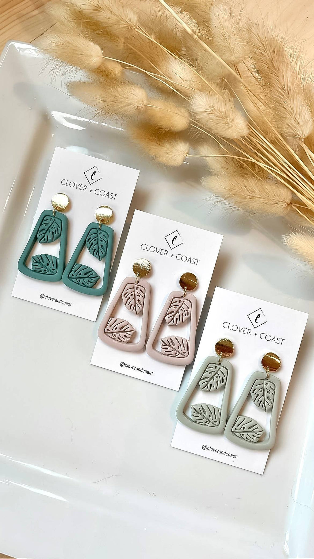 Framed Monstera Polymer Clay Dangle Earrings